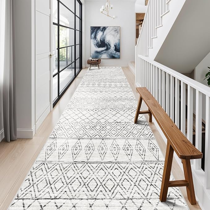 2'6"x14' Runner Rug Moroccan Washable: Hallway Non Slip Bedroom Rug Grey | Soft Runners Long Kitchen Carpet with Rubber Backing Low Pile Vintage Floor Mats for Entryway