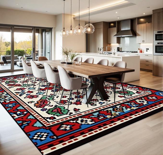 10x14 Area Rugs for Living Room Colorful Oriental Mosaic Traditional Geometric Ornament Floral Motifs Washable Large Area Rug for Bedroom Non Slip Outdoor Carpets Soft Mats Kitchen Home Office Decor