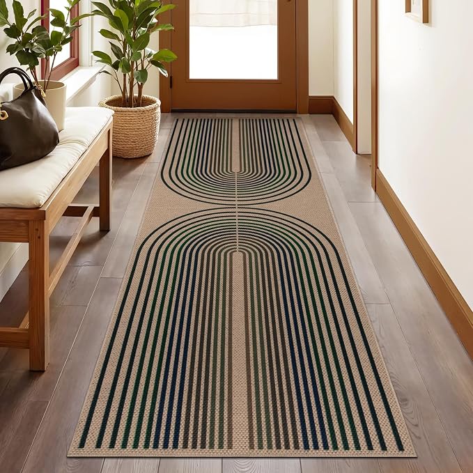 Tangsoo Rainbow Easy Jute Rug 2x6 Washable Runner Rug for Hallways,Non-Slip Thin Colored Lines Outdoor Rug,Modern Farmhouse Carpet for Porch Laundry Bedroom Living Room Entryway