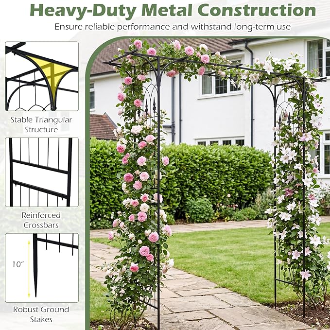 Giantex Metal Garden Arbor with Flat Top Roof, 85" Heavy Duty Outdoor Arch Trellis with Pointed Legs for Climbing Plants, Decorative Wedding Archway for Backyard, Lawn, Party Backdrop