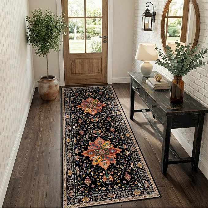 RELEANY Washable Area Rug, Runner 2'x6', Black/Colorful | Non-Slip, Water Repellent, Pet Friendly, Easy to Clean, Vintage Floral Boho Decor for Kitchen Entry Bedroom Bedside Laundry