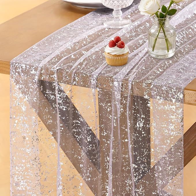 Socomi Silver Table Runner Gauze Tulle Sheer Glitter Metallic Foil Chiffon Cheesecloth Sequin 10FT Wedding Birthday Party Dining Anniversary Holiday Centerpiece Table Decor 3pcs