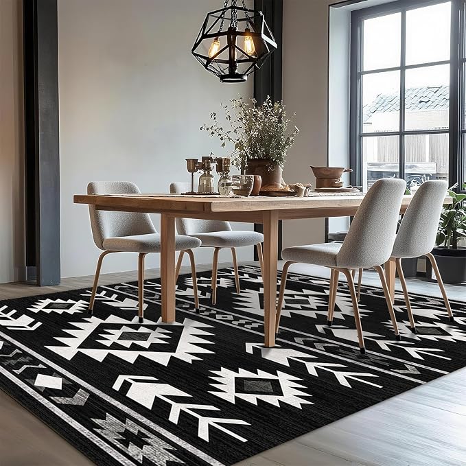 Area Rug 6x9 Western Rug Living Room Southwestern Aztec Tribal Rugs Southwest Navajo Machine Washable Non-Slip Printed Low-Pile Floor Carpet for Bedroom Dining Room Office, Black