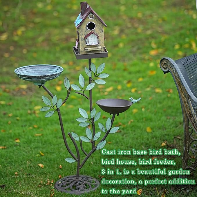HLQMFHT 38" H Cast Iron Pedestal Bird Baths for Outdoors,3 in 1 Metal Bird Bath Bowl with Bird Houses and Bird Feeder,Garden Yard Decor