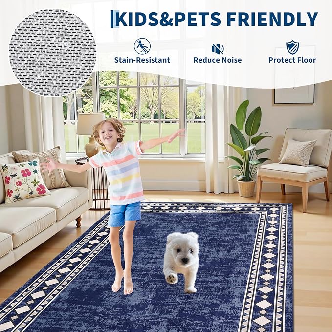 Garvee 8x10 Vintage Border Washable Rugs for Living Room Bedroom Rug, Blue | Boho Area Rug Stain Resistant Easy Cleaning Throw Rugs Low Pile Floor Cover for Nursery Dining Room Apartment