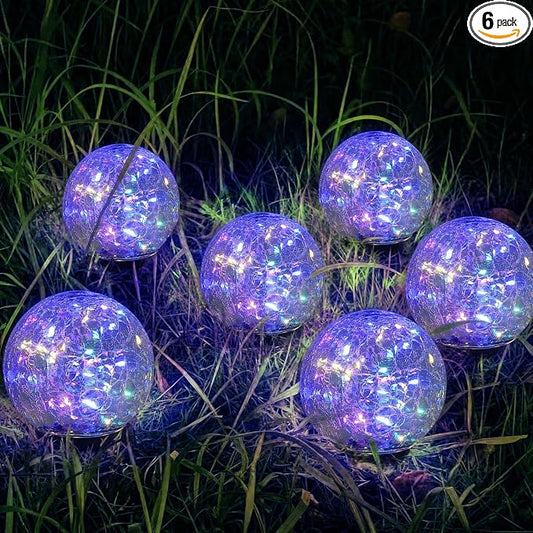 SyouHome Solar Garden Lights Outdoor Waterproof, 6 Pack Cracked Glass Ball Light, Ground Landscape Garden Decor, Solar Globe Decorative for Pathway/Patio/Lawn/Yard (Multicolor)