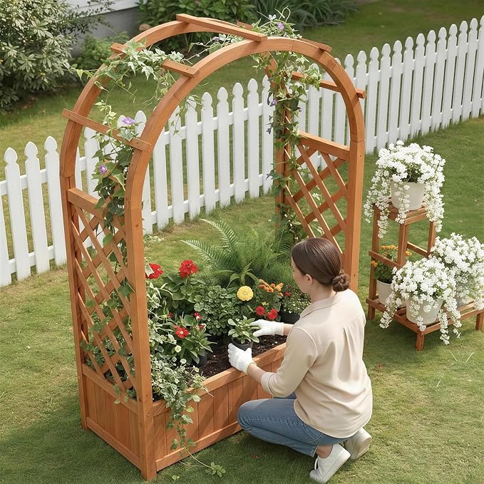 VINGLI Raised Garden Bed with Trellis & Hanging Roof, Wooden Planter Box with Drainage Holes for Outdoor Climbing Plants Vegetables Flowers, Patio Yard Balcony (Natural, Arched top)
