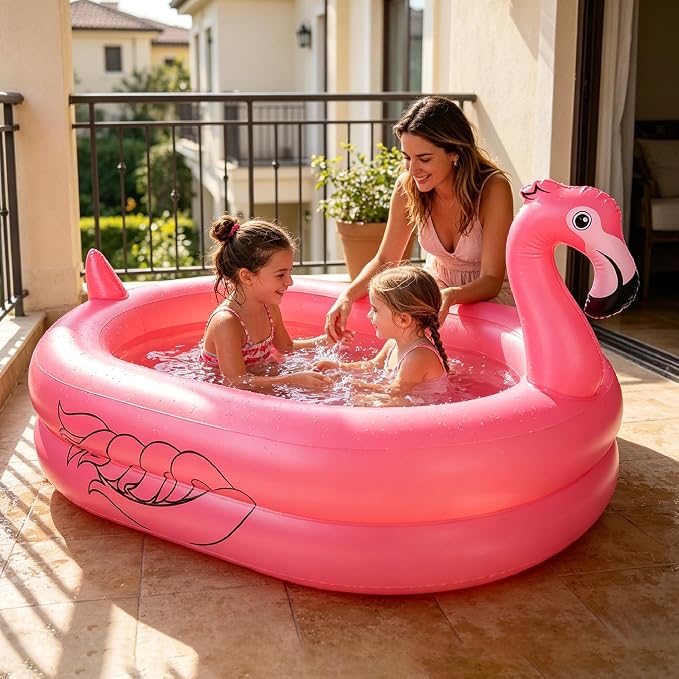 Kiddie Pool, Inflatable Pool, Flamingo Swimming Pool with Inflatable Soft Floor for Outdoor, Indoor, Backyard (60 in)