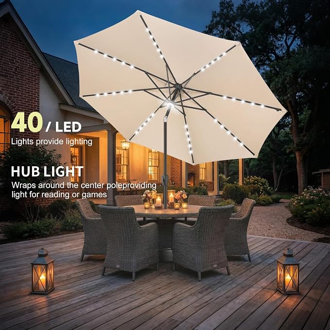 10ft Solar Umbrella Outdoor - Lighted Solar Patio Umbrella with 40 LED Lights Waterproof UV Protection, Table Umbrella with Tilt for Pool, Porch, Garden, Deck, Backyard (Beige)