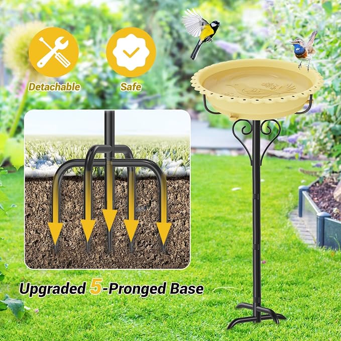 40In Bird Bath for Outside,Freestanding Birdbath & Birdfeeder with Metal Stake,Vintage Birdbaths Water Bowl with 5 Prongs Base for Outdoor Garden Yard Decor (Beige)