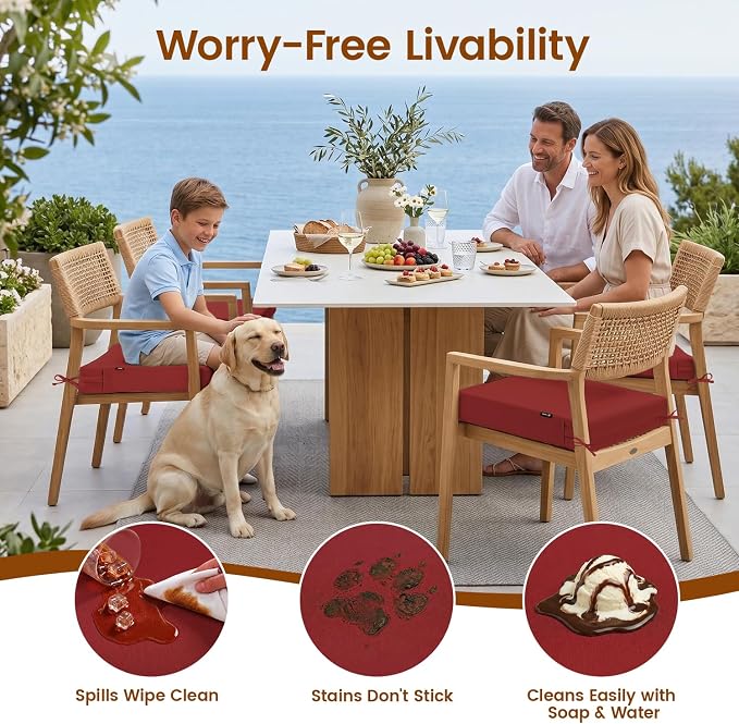 Favoyard Patio Chair Square Cushions Set of 2, Red, 19 x 19 x 3 inches | 5-Year Fade-resistant & Water-resistant Memory Foam Pad with Removable Cover & Ties for Outdoor Furniture Dining Chairs Seat