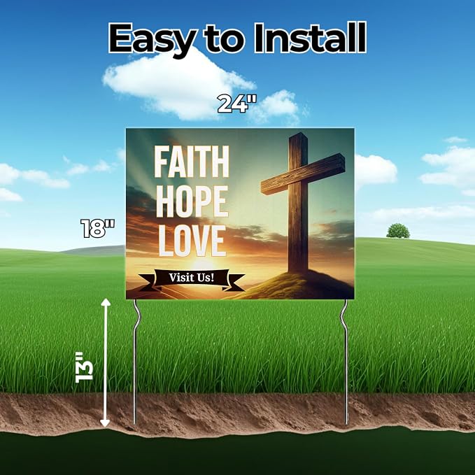 Faith, Hope, Love - Visit Us! Yard Sign by DC | 24"x18" Double Sided Church Garden Sign with 13” Metal Stakes | Outdoor Signs Waterproof for Lawn, Patio, Sidewalk & House | Set of 1 | Made in USA