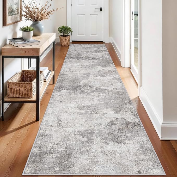 Washable 3x12 Hallway Runner Rug: Washable Non Slip Carpet Grey | Long Entryways Kitchen Living Room - Abstract Modern Neutral Thin Low Pile Runners 3x12 Grey