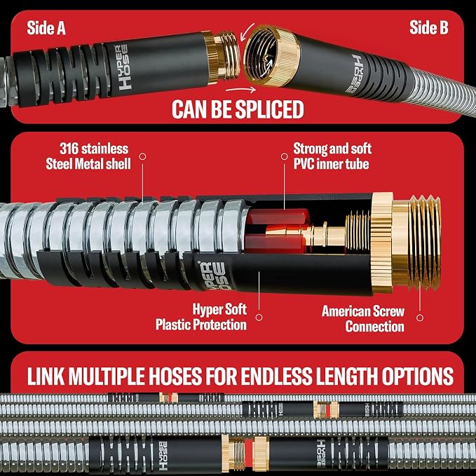 Best 75 ft Metal Garden Hose Set - No-Kink Durable 316 Stainless Steel, 10-Way Zync Spray Nozzle & Hook – Tough Flexible Heavy Duty Water Hoses, 5/8 in, Rust, Weather, LeakProof