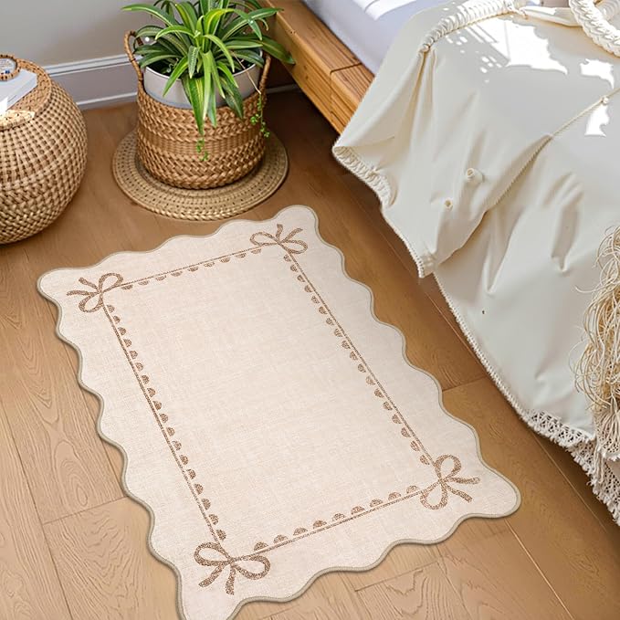 GarveeHome Scalloped Entryway Rug 2x3 Washable Front Door Bow Rug, Beige | Non Slip Soft Low Pile Ultra-Thin Indoor Carpet for Girls Dorm Nursery Bedroom Decor Hallway Kitchen Floor