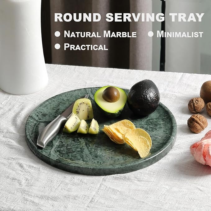 Karibiber Natural Marble Serving Tray, 11.8in Marble Round Tray, Green Stone Bathroom Tray for Countertop, Decorative Vanity Trays, Coffee Table Trays, Jewelry & Perfume Holder