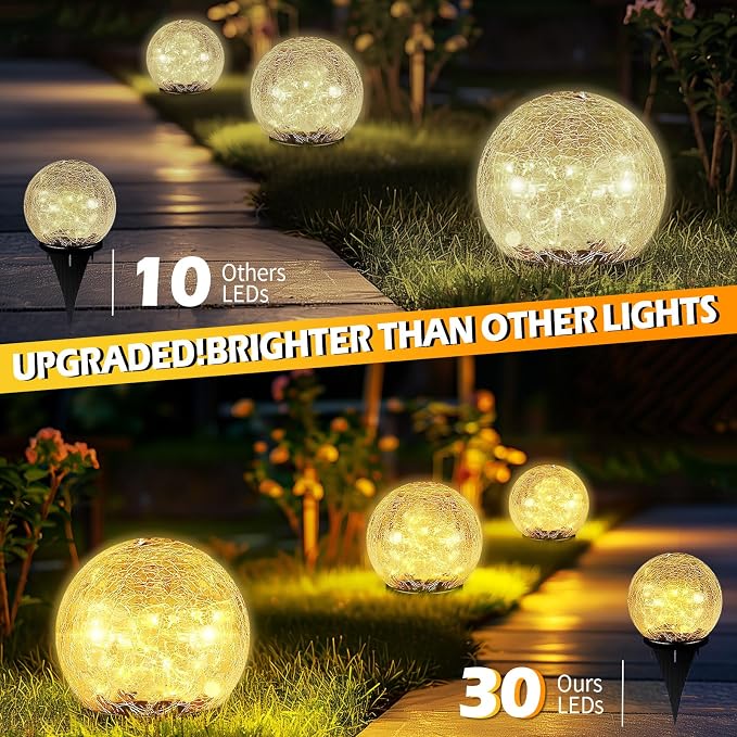 Garden Solar Ball Lights Outdoor Waterproof 30LED Cracked Glass Globe 3.9'' | 2 Pack Solar Power Ground Lights for Path Yard Patio Lawn, Christmas Decoration Landscape Warm White