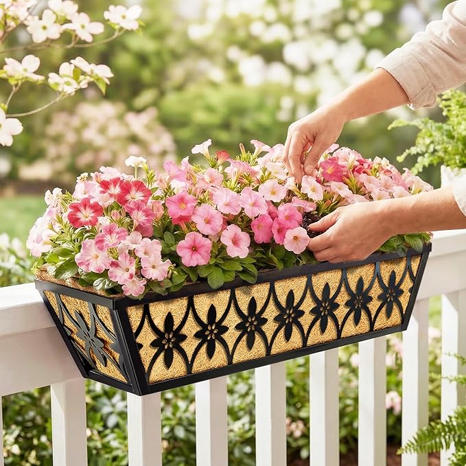 30 Inch Window Boxes Planters Railing Planter Box - 2 Pack Deck Railing Planter Boxes with Adjustable Brackets Coco Liners Balcony Planters Railing Hanging for Window Flower Boxes Outdoor Garden Decor