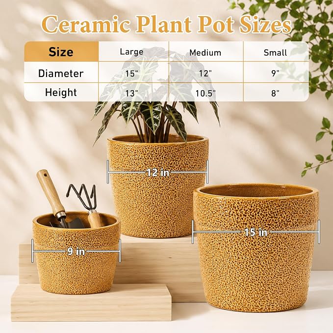 Ceramic Planters Set of 3, 15/12/9 Inch Indoor & Outdoor Large Plant Pots with Drainage Hole, Handmade Speckled Glaze Decorative Flower Pots for Indoor Plants, Patio & Garden, Antique Yellow