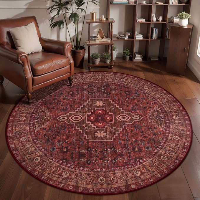 Tangsoo Red Round Area Rugs 5ft, Washable Oriental Non Slip Circle Rug | Boho Low Pile Circular Rugs,Vintage Round Carpet for Living Room Dining Room Bedroom Nursery Dorm Office Dark Red Home Decor