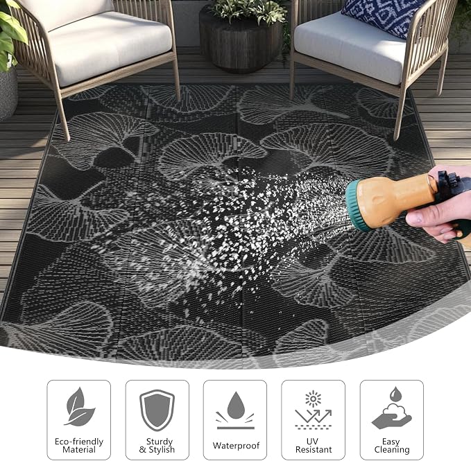 Outdoor Patio Rugs 8'x10' Waterproof, Reversible Plastic Straw Camping Rug Carpet, Large Area Rugs Mats for Rv, Deck, Porch, Picnic, Beach, Balcony, Black & Grey