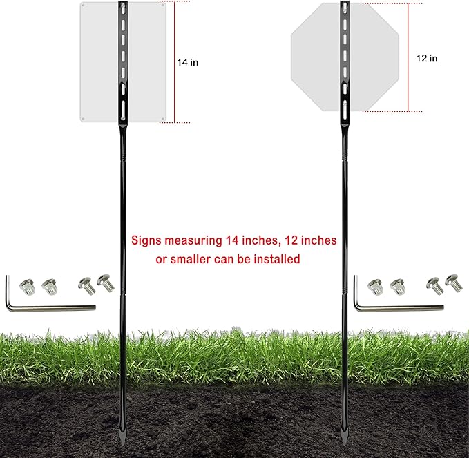 Heavy Duty Metal Sign Stakes with Mounting Hardware, Black Steel, 52 Inch Length, Ground Post for Yard Signs, 2 Pack