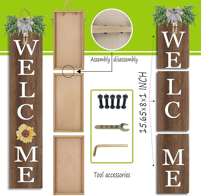 flowtorely Interchangeable Outdoor Welcome Sign for Front Porch Standing 47"×8" Set of 3 Large Wood Frame with 12 Pcs Icons Vertical Tall Leaner Outside Welcome Sign for Front Door Decor (Wood)