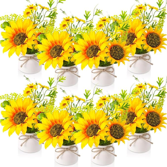 Zeyune 8 Pcs Sunflower Potted Plants Rustic Summer Spring Kitchen Wedding Table Centerpieces Silk Yellow Fake Flower with Plastic Pot for Home Bathroom Office (White,Sunflower)