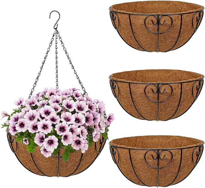 14 inch Metal Hanging Baskets for Plants Outdoor, 4 Pack Metal Wire Hanging Basket Planter with Coco Liner Flower Pots for Indoor Outdoor Garden Porch Patio, Heart-Shaped