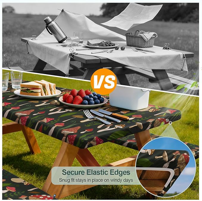 Play Tailor Picnic Table Cover with Bench Covers Camping Essentials Waterproof Windproof Camping Tablecloth with Drawstring Bag, Fitted Rectangle Tables and Seats, 72in, Black Red
