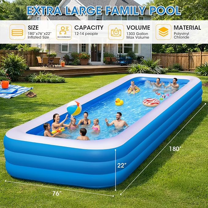 Extra Large Inflatable Pool 180" x 76" x 22" with Air Pump Included – 1303 Gallon Blow Up Pool for Adults Family, Heavy Duty Above Ground Outdoor Swimming Pool for Backyard Summer Party