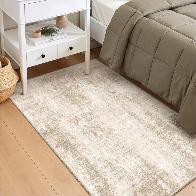 Valenrug 3x5 Rug Non Slip, Abstract Washable Entryway Rug for Bedroom Beige | Soft & Lighweight, Folable, Stain Resistant Low Pile Thin Indoor Distressed Carpet Rugs for Living Room,Laundry Room,Kitchen