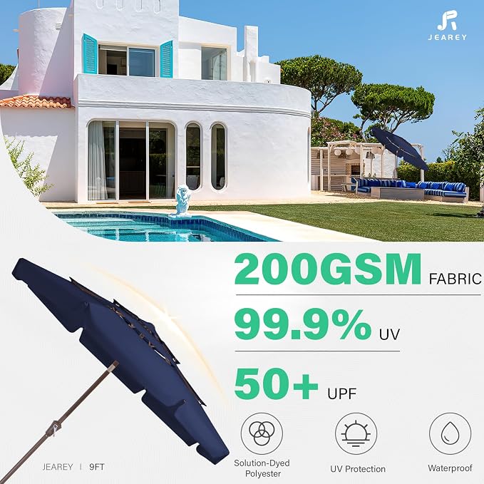 JEAREY 3 Tiers 9 FT Patio Umbrellas Outdoor Table Umbrella with Push Button Market Umbrella 8 Sturdy Ribs UV Protection Waterproof for Garden,Navy