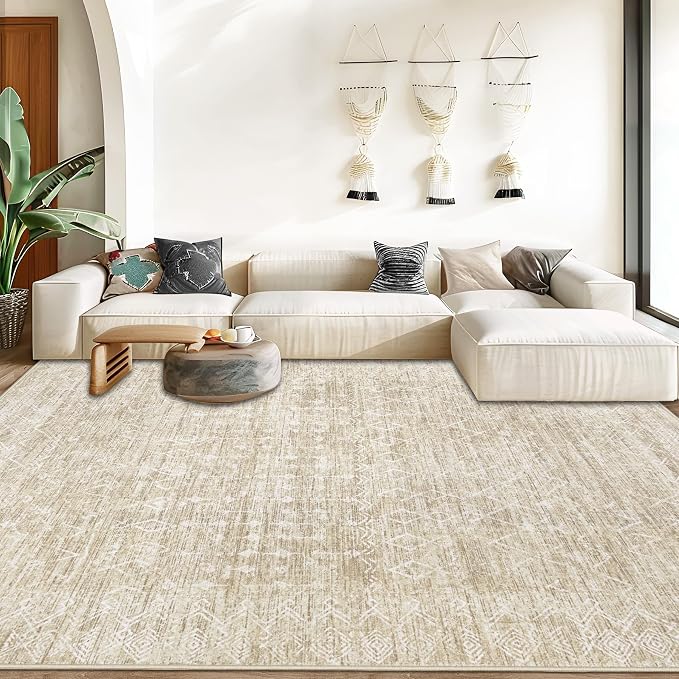 Area Rug for Living Room 9x12: Large Washable Boho Moroccan Rugs Geometric Neutral Rug, Non-Slip Foldable Morden Farmhouse Indoor Floor Carpet for Bedroom Dining Table Home (Moroccan Beige, 9'x12')