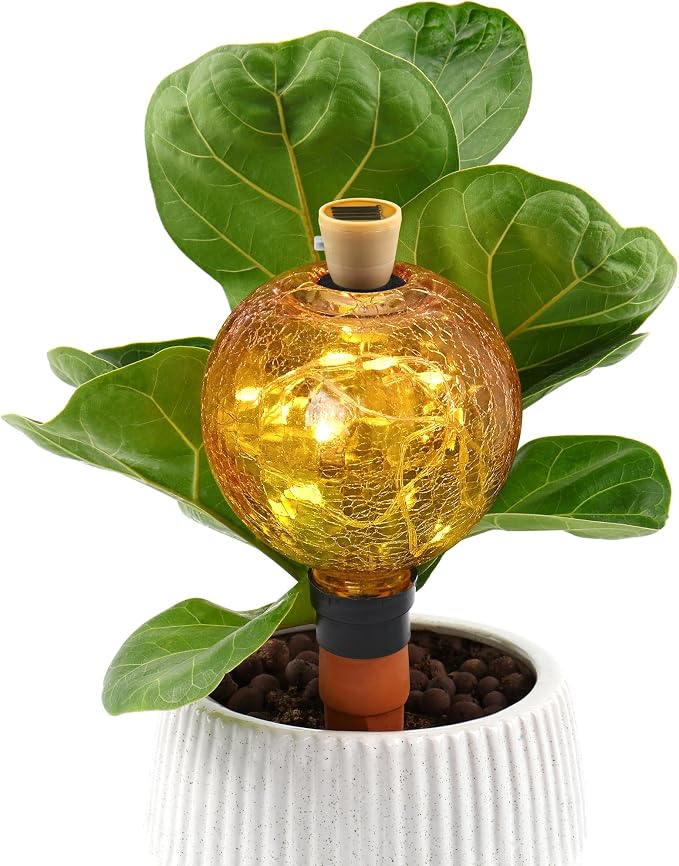 VOREEN Crackle Glass Plant Watering Globe with Terracotta Spike,Self-Watering Irrigation for Potted Plants, with Solar Accent Light for Indoor & Outdoor Décor, 17oz, Yellow–Pink Gradient