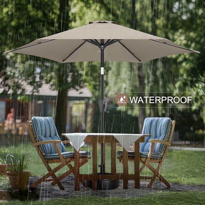 FLAME&SHADE 9ft Patio Umbrella Outdoor - Table Umbrella with Push Button Tilt and Crank, UV Protection, 6 Sturdy Ribs, Market Umbrella for Garden, Deck, Backyard, Lawn, Pool and Beach(Taupe)