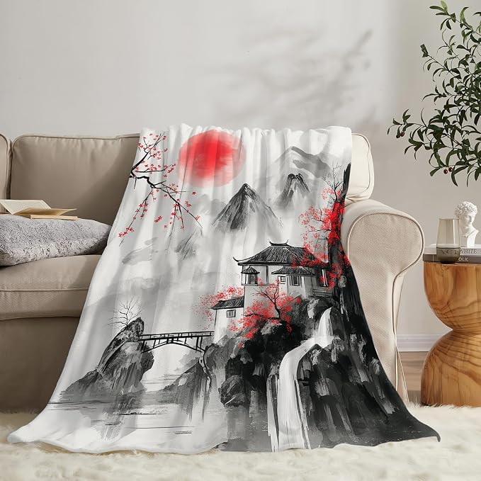 Japanese Throw Blanket Anime Cherry Blossom Gifts for Girls Women Men Boys Plush Cozy Flannel Fleece Fuzzy Landscape Blankets 50"X40"