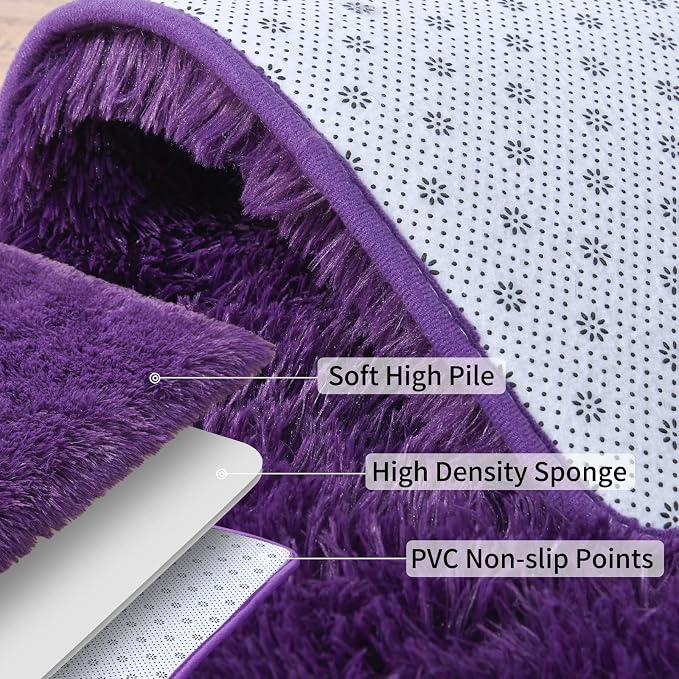 Soft Shag Fluffy Living Room Rug 5x7 Purple Washable | Upgrade Non-slip, 5 x 7 Shaggy Rugs for Bedroom Nursery, High Pile Fuzzy Plush Carpet Girls Kids Room Dorm, Flame Resistant
