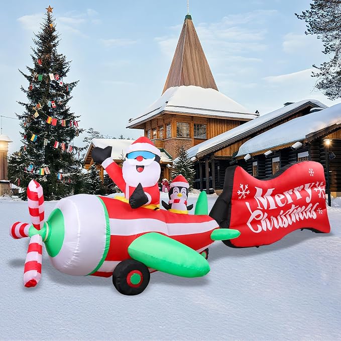 MUMTOP Christmas Inflatable Outdoor Decoration - 10FT Inflatable Santa and Penguin on Animated Helicopter with Rotating Propeller and Merry Christmas Banner Blow Up Inflatables for Garden Yard Decor