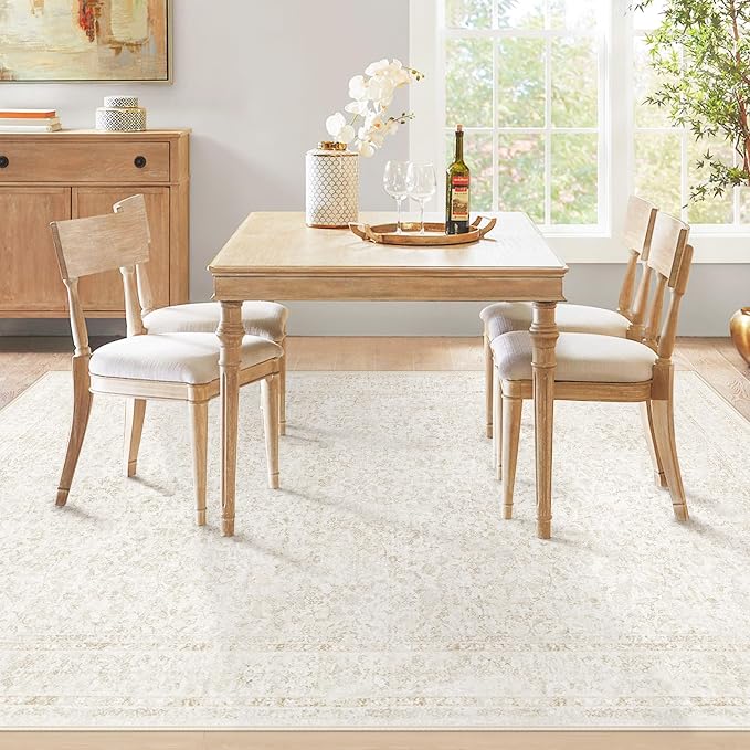 Bedroom Rug Washable Large Area Rugs Foldable Low Pile Print Non Slip Boho Patterned Rugs for Bedroom Living Room Dining Home Office (Floral Beige, 5'x7')