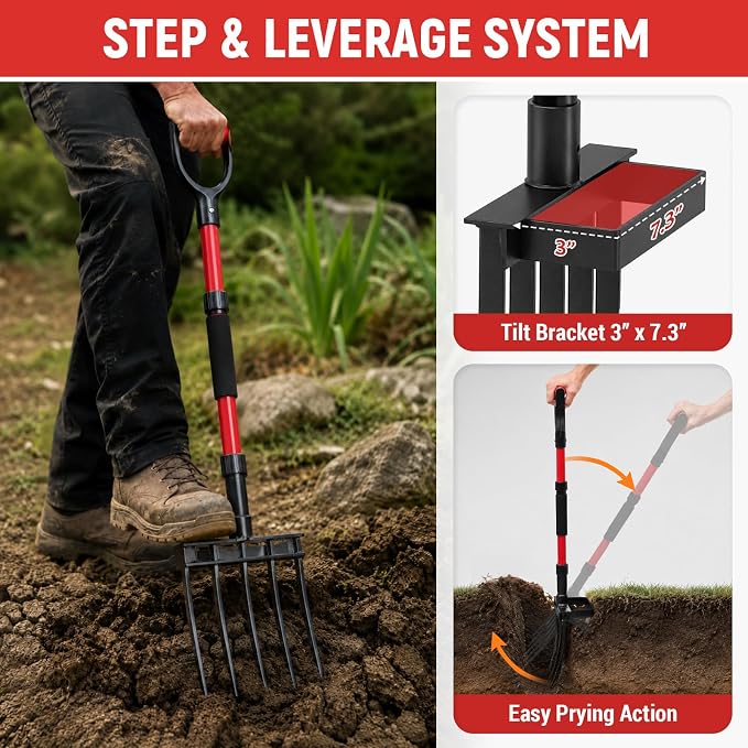 Garden Fork, 43 Inch Pitch Fork with Fiberglass Handle & Foot Bracket, Heavy Duty 5-Tine Pitchfork for Gardening, Breaking up Dirt, Loosening Soil, Digging Potatoes, Turning Compost, Mulching, Weeding