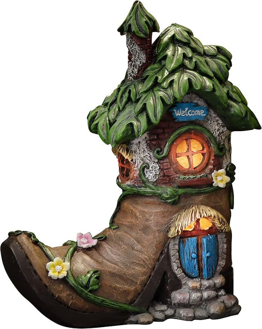 TERESA'S COLLECTIONS Boot Fairy House Garden Statues with Solar Outdoor Light, Resin Fairy Garden Accessories Outdoor Christmas Decorations Lawn Ornaments Yard Decor Thanksgiving Gifts for Mom, 8.5"
