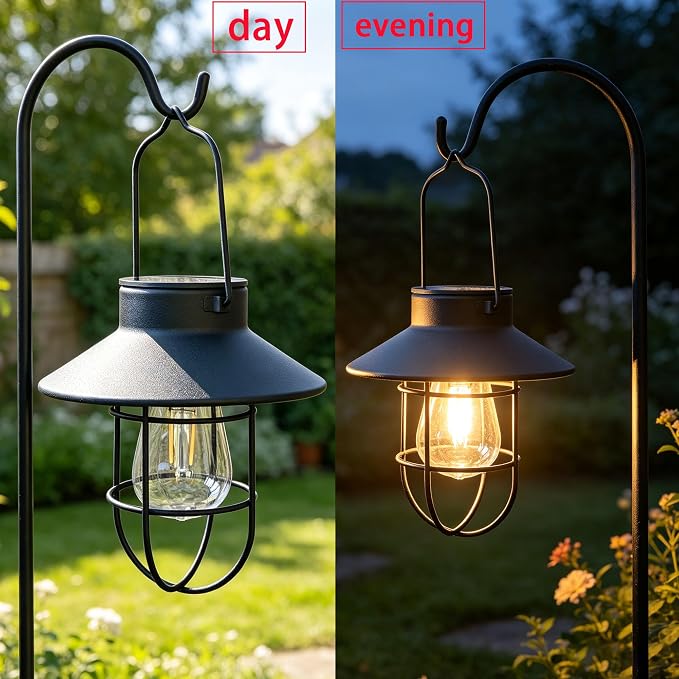 2 Pack Solar Lanterns ,Outdoor Waterproof Solar Lamp with Shepherd Hook, Metal Edison Bulb Lights Gifts for Gifts for Women/Mom Garden Outdoor Pathway Decor (Black)