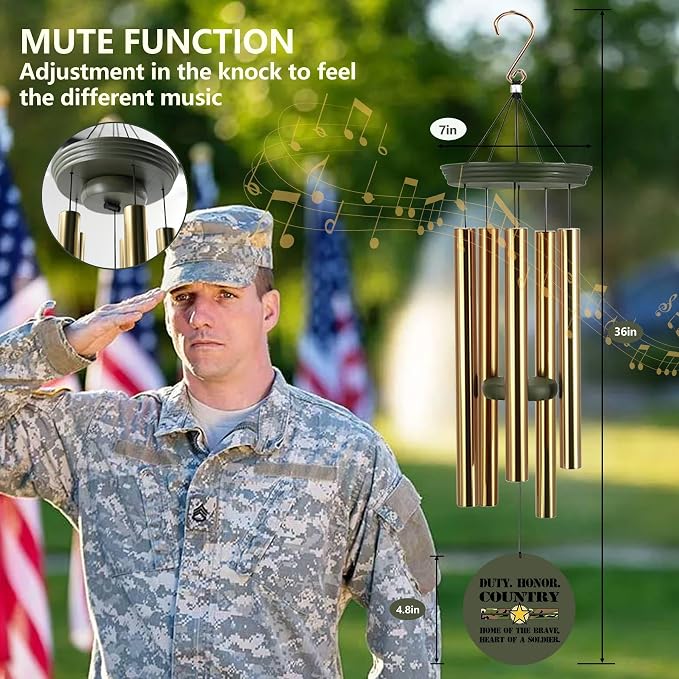 Deep Tone Wind Chimes for Army Soldiers Memory Gifts, Personalized Name/Date/Text Wind Chimes for US Military, Sympathy Gifts for Veteran, Veterans Day Gift(Produced in Texas)