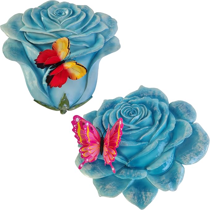 Garden Stepping Stones Outdoor Walkway – Resin Rose Flower Pavers for Path, Lawn & Backyard – Round Decorative Yard Art Decor – Set of 2, Blue