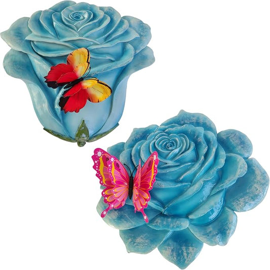 Garden Stepping Stones Outdoor Walkway – Resin Rose Flower Pavers for Path, Lawn & Backyard – Round Decorative Yard Art Decor – Set of 2, Blue