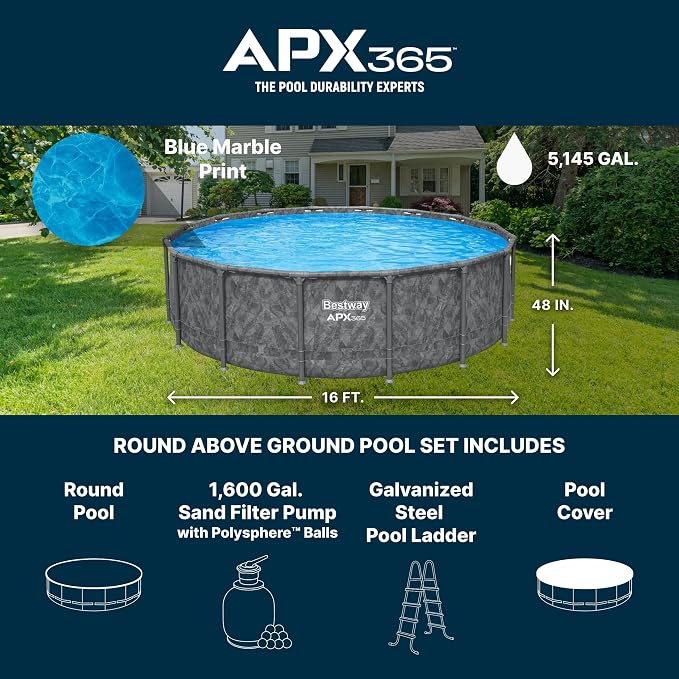 Bestway APX 365 16' x 48" Above Ground Pool Set with Sand Filter Pump | Long-Lasting All-Season Swimming Pool with Galvanized Steel Frame - Ladder, Cover, and Polysphere Filtration Balls Included