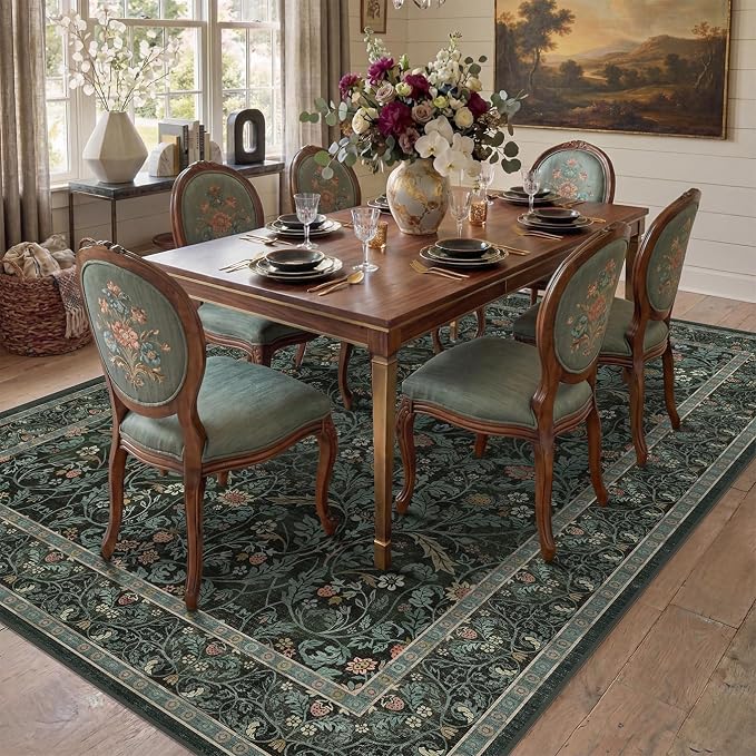 Dark Green 5x8 Dining Room Rug, Floral Washable Soft Non Slip Area Rugs for Living Room Bedroom Home Office Classroom, Vintage Indoor Décor, Botanical Pattern (Olive Green)