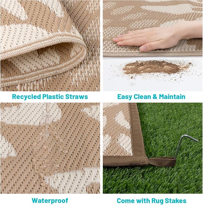 HEBE Waterproof Outdoor Rug 6x9 for Patios, Floral Reversible Plastic Straw Rug Patio Mat, Indoor Outdoor Carpet RV Mat Camping Rug for Deck, Camper, Porch, Balcony, Backyard, Picnic