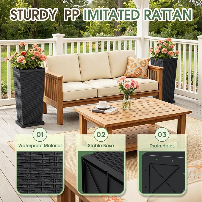 Set of 2 30 Inch Tall Plastic Planters with Drainage Saucers, Rattan Pattern UV Resistant Indoor Outdoor Flower Pots for Patio Garden Balcony Decor, Black